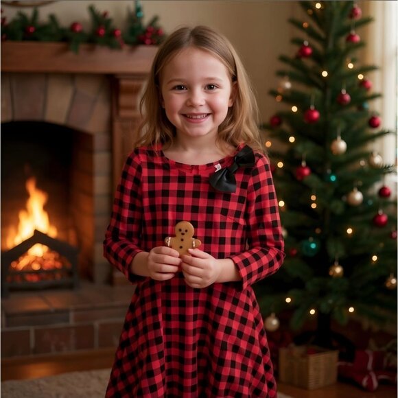 Girls Red Black Plaid Dress ✦ Fabkids XL ✦ Vegan Leather Bow ✦ Holiday Partywear - Picture 6 of 6